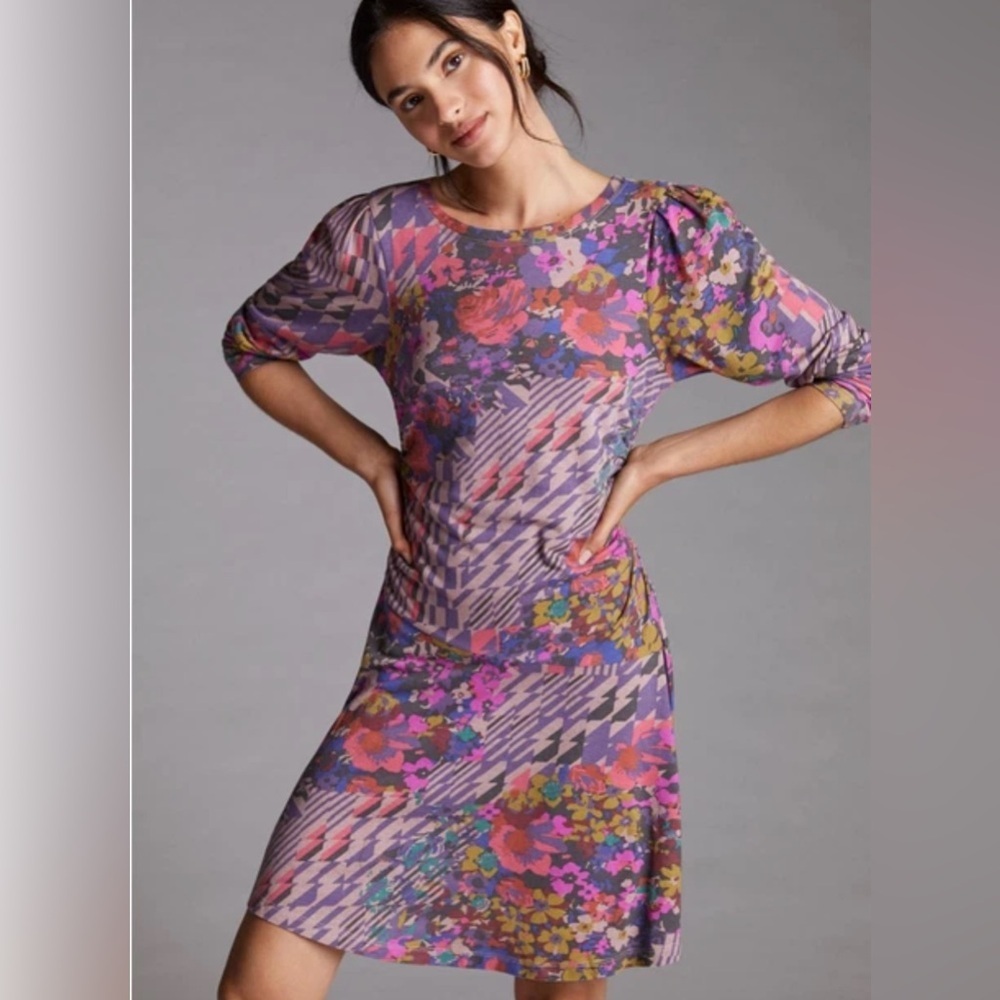 Anthropologie Daily Practice Ruched Mini Dress Placed Print XS Pink Multi